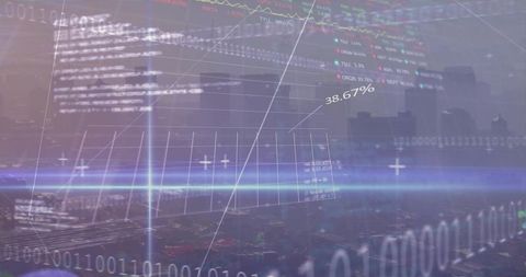 Displaying data hud over city skyline with binary streams and financial charts