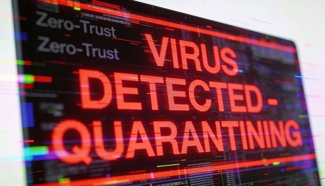 Virus detected quarantine alert flashing on computer screen with glitch cybersecurity
