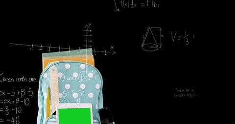 Mathematical equations floating over backpack with notebooks