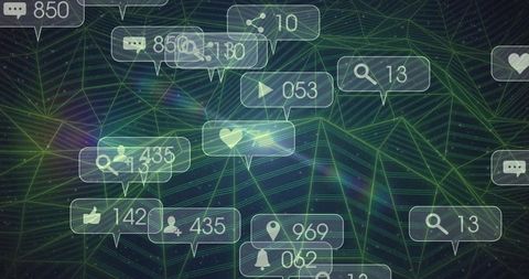 Digital Interface with Floating Notification Icons on Mesh Grid