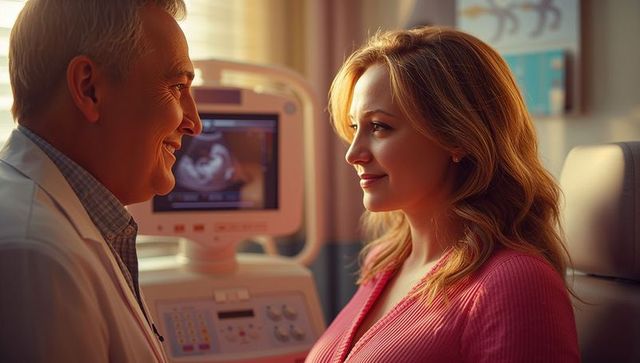 Doctor conducting ultrasound for pregnant patient in medical office