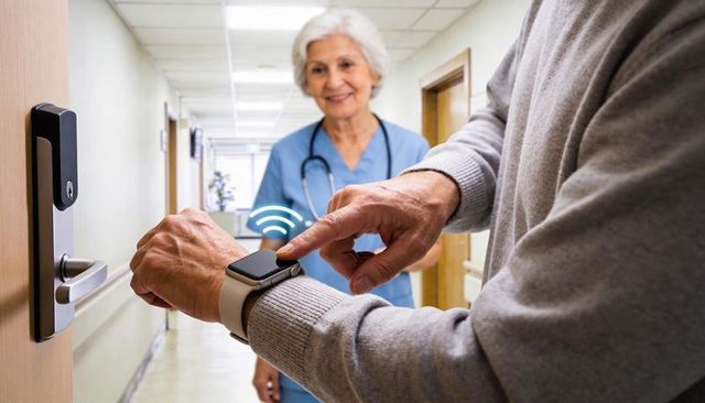 Senior unlocking hospital door with smartwatch while nurse observing