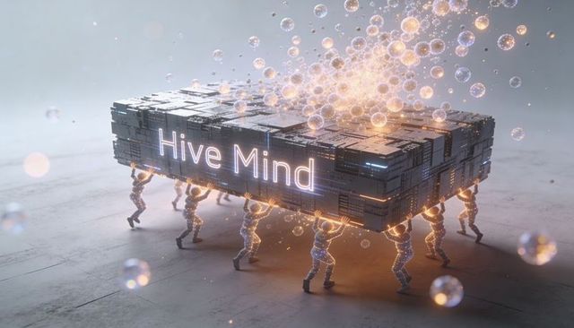 Hive mind neon android collective lifting data core with glowing orbs and cybernetic glow