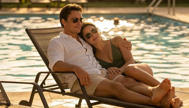 Couple relaxing poolside on lounge chair at sunset wearing linen shirt and sunglasses