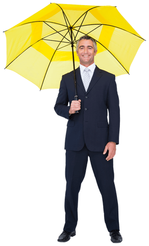Confident Businessman Holding Yellow Umbrella Transparent Background