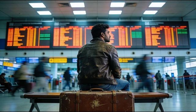 Man waiting on scuffed suitcase at busy airport departures board, travel and transit concept