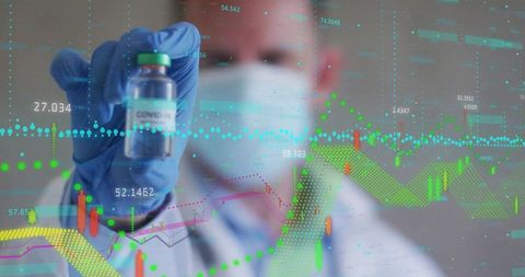 Researcher holding covid-19 vaccine vial with data analysis overlay