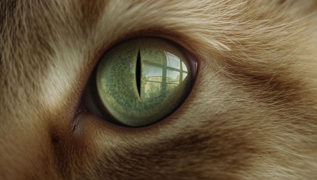 Green cat eye reflecting window view capturing urban landscape in macro close-up