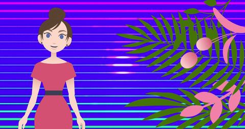 Digital woman engaging with vibrant patterned background
