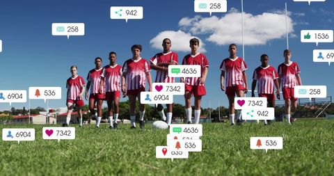 Diverse Rugby Team with Social Media Connection Icons