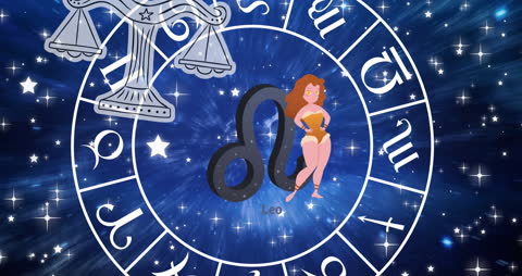 Animated Zodiac Signs with Leo and Scales on Cosmic Background