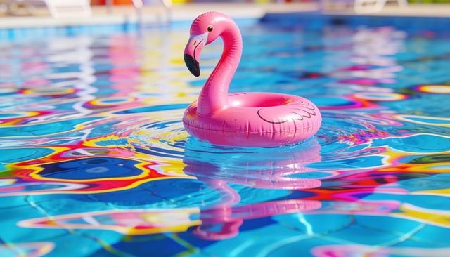 Floating pink flamingo ring catching sunlight on colorful kaleidoscope pool reflections