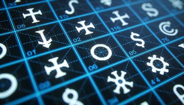 Blue neon glyph matrix showing futuristic symbol grid with pixelated numeric labels