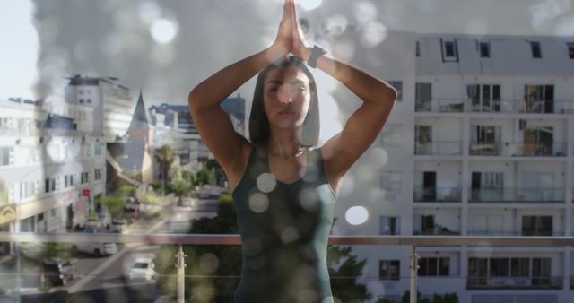 Woman Practicing Yoga on Urban Balcony During Foggy Morning - Download Free Stock Images Pikwizard.com