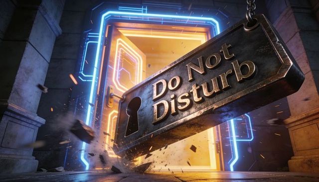 Giant do not disturb sign crashing through neon portal doorway with sparks and debris
