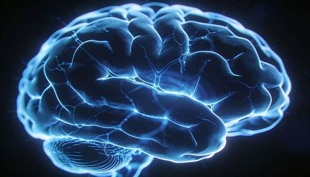 Glowing blue brain with neural pathways and electric pulses for neuroscience research
