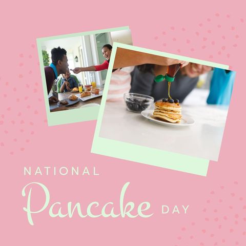 Capture the joy of National Pancake Day with a heartfelt image of an African American family enjoying a delightful breakfast spread together. Perfect for promoting family-friendly dining experiences, wholesome meal inspirations, and holiday celebrations. Highlight the universal appeal of pancakes in social media posts, blog features, or holiday content to showcase shared happiness and bonding over food.
