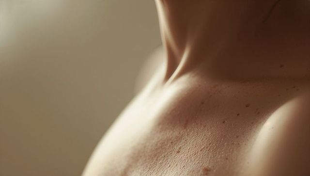 Warm close-up showing freckled clavicle and lower neck with natural skin texture