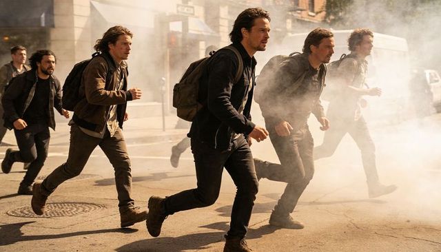 Urban men sprinting through smoky city street carrying backpacks, urgent group escape