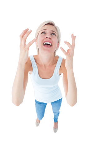 Transparent View Frustrated Woman Raising Hands