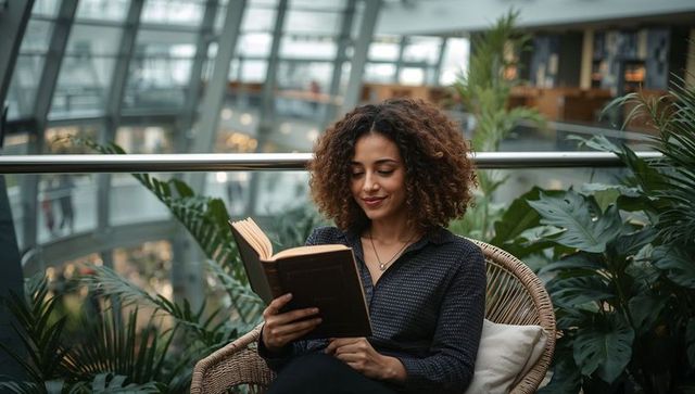 Curly-haired woman reading hardcover book while relaxing in modern atrium surrounded by lush greener