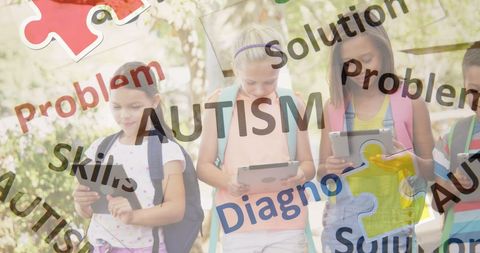 Children Using Tablets with Autism Awareness Concepts