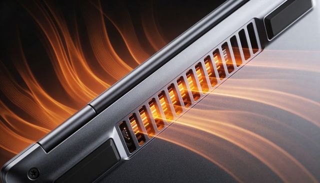 Laptop vent and hinge releasing glowing orange airflow, showcasing thermal cooling