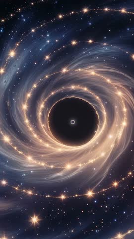 Vertical video of black hole spiraling in luminous accretion disk with sparkling star trails