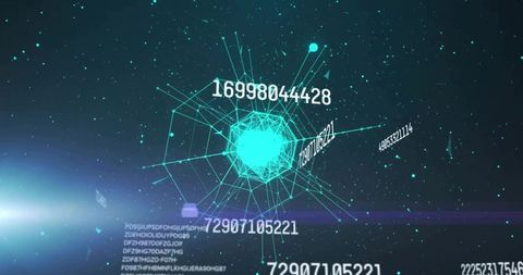Glowing cyan node emitting radial wireframe mesh with numeric IDs futuristic data display