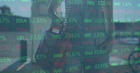 Multiple Stock Market Data Overlay On Woman Refueling Car