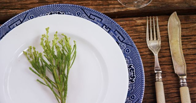 A sprig of greenery is placed on an ornate plate, flanked by vintage silverware, with copy space. It suggests a concept of minimalism in dining or a focus on healthy, plant-based eating.