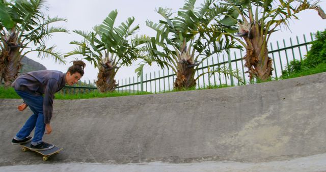 Young Man Skateboarding Outdoor Skate Park Jungle Landscape - Download Free Stock Images Pikwizard.com