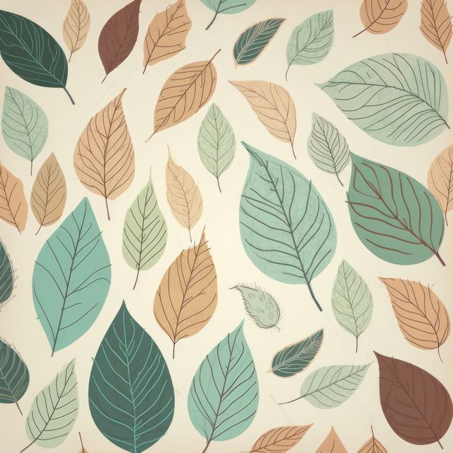 Seamless pattern featuring a variety of hand-drawn autumn leaves in vintage colors like green, brown, and beige. Ideal for background designs, textiles, wallpapers, and digital illustrations. Perfect for depicting nature themes, seasonal changes, and nostalgic vintage aesthetics.