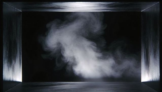Billowing white smoke rising inside metallic chamber with dramatic high-contrast lighting