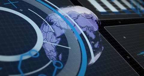 Futuristic rotating 3d globe hud with ar dashboard rings, radial guides and nodes