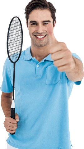 Confident badminton player giving thumbs up on transparent background