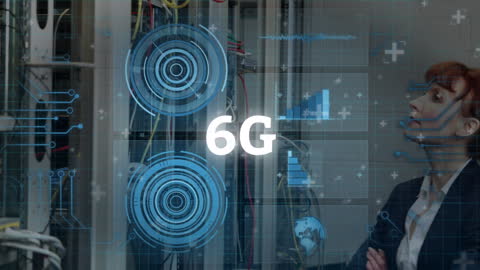 6G Technology in Modern Server Room With Businesswoman