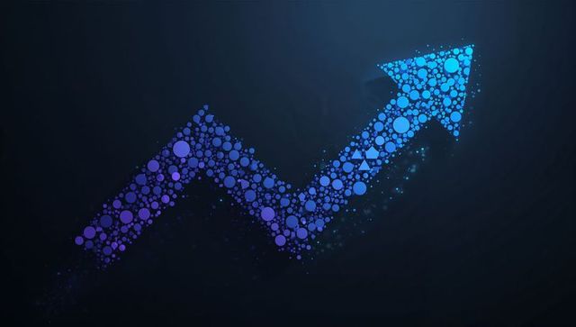 Rising digital growth arrow forming from glowing dots and triangular shards