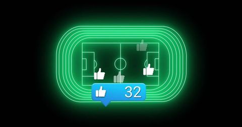 Digital Neon Soccer Field with Social Engagement Icons