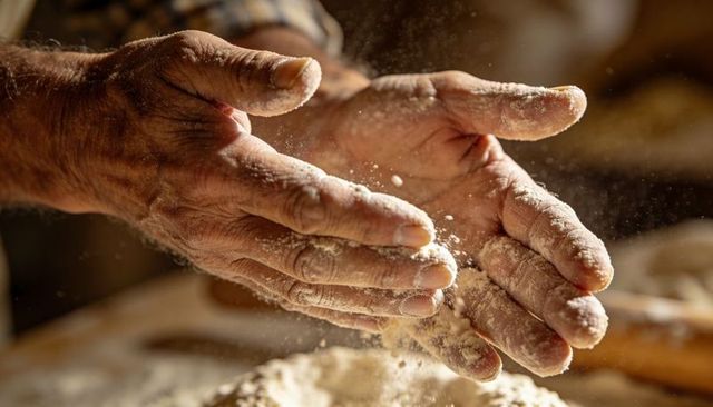 Weathered male baker hands dusting flour over wooden bench, clapping dough, rustic artisanal