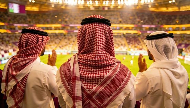 Gulf fans cheering in traditional thobes and ghutra at illuminated football stadium