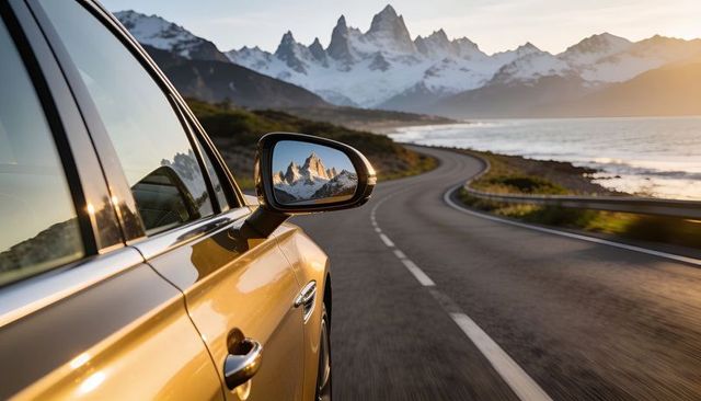 Sunlit gold car driving along winding coastal road with snowcapped mountain reflection