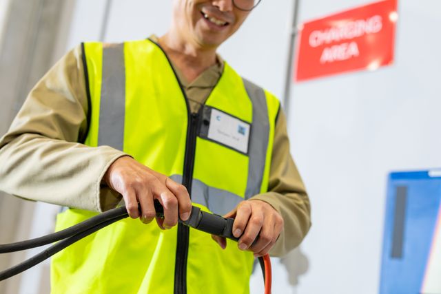 Midsection of smiling asian mature male worker connecting charging electric plug and forklift. sustainability, unaltered, warehouse, logistics and shipping occupation.