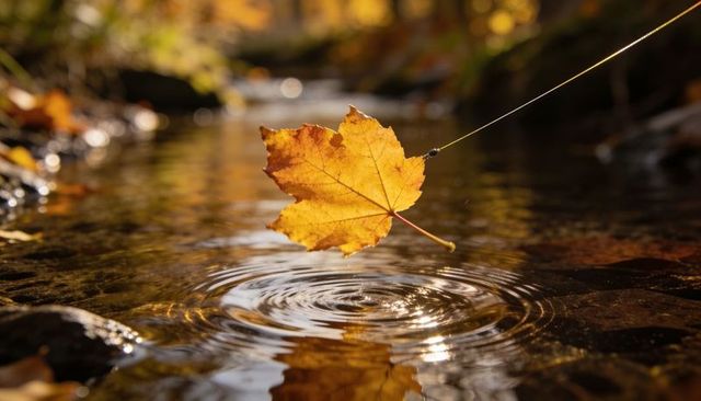Golden maple leaf hovering above creek creating ripples and reflection in autumn light
