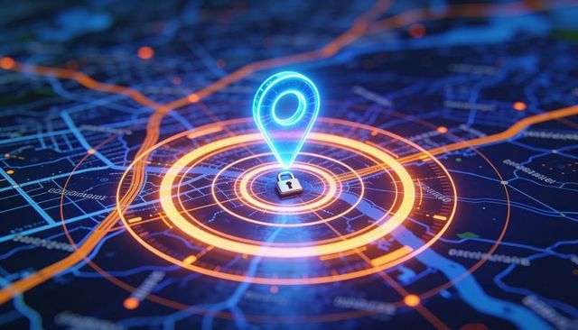 Holographic location pin securing geofence with neon padlock, cybersecurity map and gps