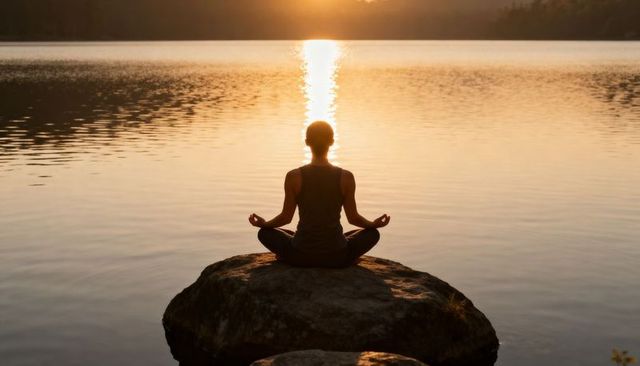 Silhouette woman meditating on rock at tranquil lake sunset with golden sun reflection