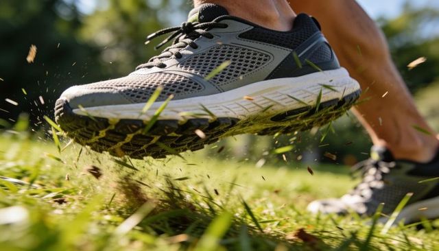 Gray running shoe kicking up grass while sprinting across sunlit park lawn