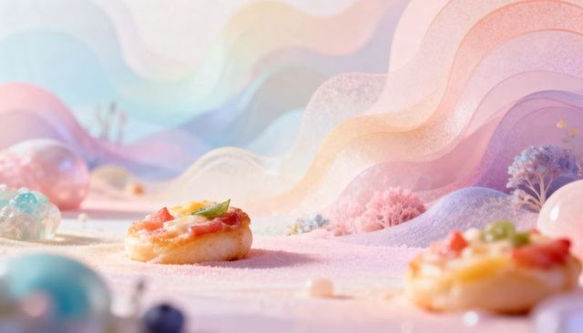 Pastel dreamland miniature pastry sitting on sugar landscape with pearls and candy shrubs
