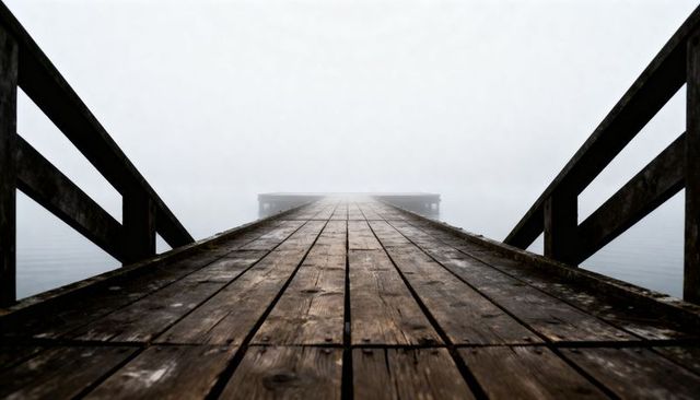 Weathered wooden pier leading into dense fog over calm lake, moody minimalist landscape
