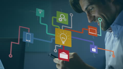 Smiling Professional Using Smartphone With Digital Networking Concept